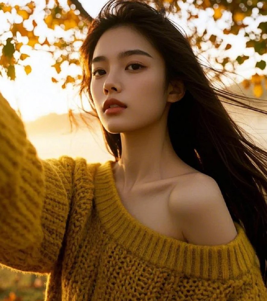 温暖阳光，树下，少女，甜美，日系，长发，亚洲女性特写脸部