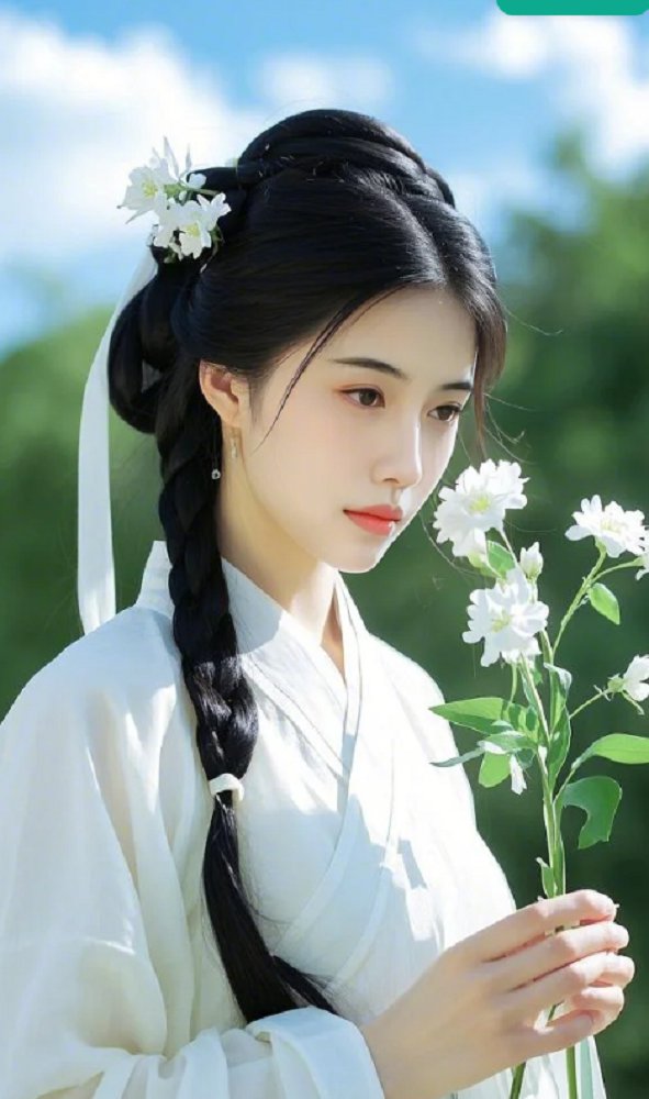一位气质温婉的女子，乌黑长发精心编为侧辫，点缀着白色发带和素雅花朵发饰