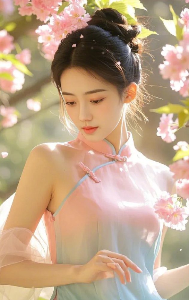 她置身于烂漫的粉色樱花树下，花瓣飘落 。姿态优雅
